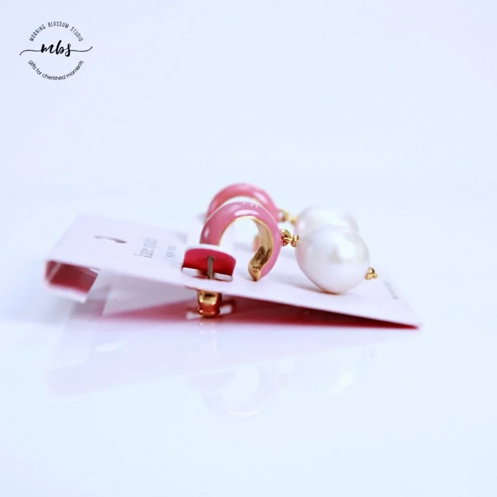 NWT Kate Spade Candy‎ Pearl Drop Enamel Huggie Earrings Pink Cream Gold